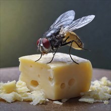 Symbol, animal, insect, close-up of a blowfly on a piece of cheese, Calliphoridae, Calliphora