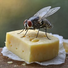 Symbol, animal, insect, close-up of a blowfly on a piece of cheese, Calliphoridae, Calliphora