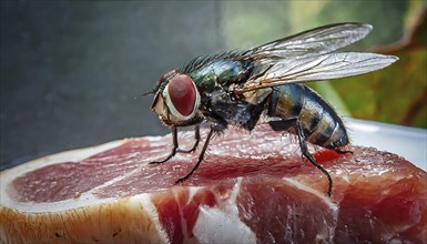 Symbol, animal, insect, close-up of a blowfly on a piece of meat, Calliphoridae, Calliphora vicina,