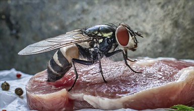 Symbol, animal, insect, close-up of a blowfly on a piece of meat, Calliphoridae, Calliphora vicina,