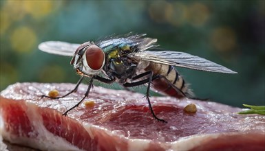 Symbol, animal, insect, close-up of a blowfly on a piece of meat, Calliphoridae, Calliphora vicina,