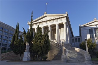 National Library, neoclassical building, architect Theophil von Hansen, statue of Panagis Valianos,