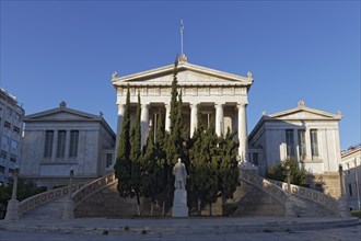 National Library, neoclassical building, architect Theophil von Hansen, statue of Panagis Valianos,