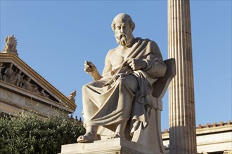 Sculpture of the Greek philosopher Plato, Plato, blue sky, sculptor Leonidas Drosis, Academy of