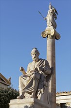 Sculpture of the Greek philosopher Plato, Plato, blue sky, sculptor Leonidas Drosis, Academy of