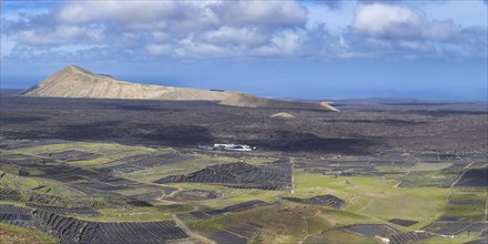 Panorama from Montana Corujo to the visitor centre and Caldera Blanca, Lanzarote, Canary Islands,