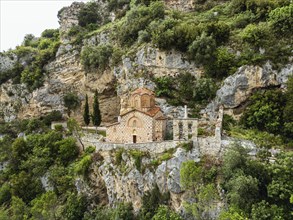 Stâ©. â©â¦Michael's Church, Byzantine â©â¦church in Berat from a drone, Osum River, Albania,