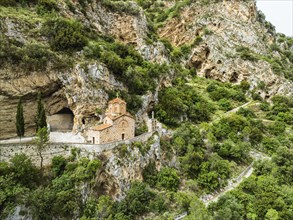 Stâ©. â©â¦Michael's Church, Byzantine â©â¦church in Berat from a drone, Osum River, Albania,