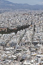 City centre and Mount Hymettos, view from Lycabettus Hill, Lykavittos, sea of houses with little