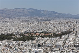 City centre and Mount Hymettos, view from Lycabettus Hill, Lykavittos, sea of houses with little