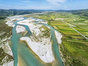 Fields over Vjosa Wild River National Park from a drone, Albania, Europe