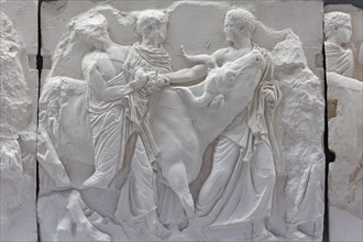 Men with bull, scene from the Parthenon frieze, reconstruction, Acropolis Museum, architect Bernard