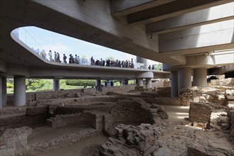 Entrance to the Acropolis Museum, ancient excavations and human queue, architect Bernard Tschumi,