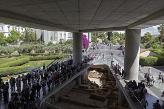 Entrance to the Acropolis Museum, ancient excavations and human queue, architect Bernard Tschumi,