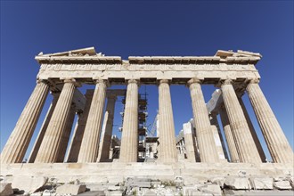 Parthenon east facade, blue sky, temple with Doric columns, Acropolis, Athens, Greece, Europe