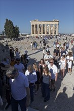 Queue of tourists in front of the viewpoint on the Acropolis, view of Parthenon Temple, Athens,