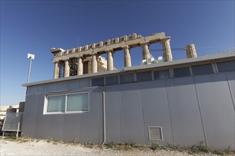 Building hut in front of the Parthenon Temple, Acropolis, Athens, Greece, Europe