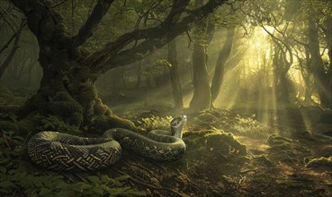 Snake near the old tree in enchanted forest AI generated