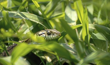 Snake partially visible in thick grass AI generated