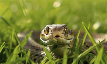 Snake partially visible in thick grass AI generated