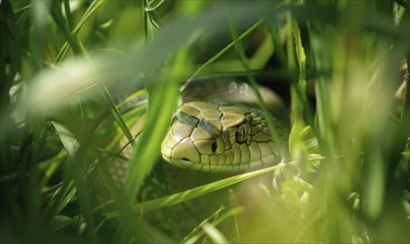 Snake partially visible in thick grass AI generated