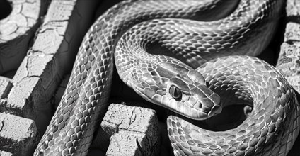 Snake in a geometric maze, monochrome portrait of the snake, AI generated