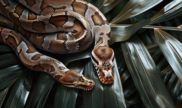 Boa constrictor on palm leaves AI generated