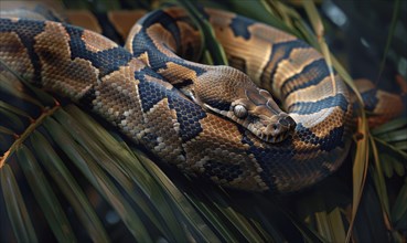 Boa constrictor on palm leaves AI generated