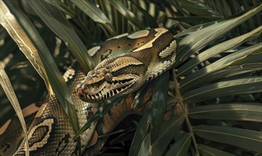 Boa constrictor on palm leaves AI generated