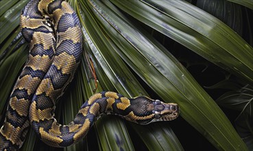 Boa constrictor on palm leaves AI generated