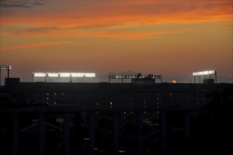 Sunset over Camden Yards, home of Oriole Stadium and the Baltimore Orioles baseball team,