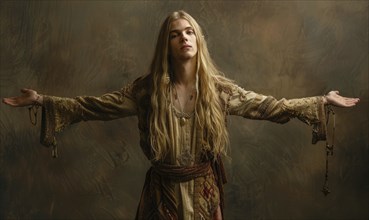 Ethereal portrait of a young man with long blonde hair adorned in ethnic elven clothes against a