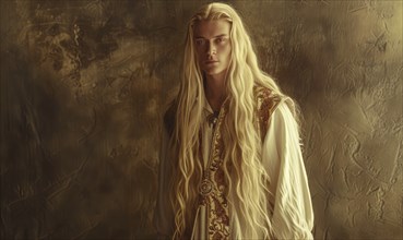 Ethereal portrait of a young man with long blonde hair adorned in ethnic elven clothes against a