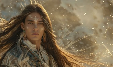 Portrayal of a young man in ornate ethnic robes and captivating long hair in the field AI generated