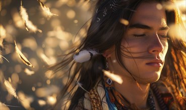 Ethereal portrait of a young man with flowing long hair and clothes decorated with feathers, young