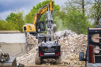 Two excavators on a construction site demolishing a building, surrounded by rubble and trees,