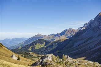 Panoramic view of a mountain landscape with a wide valley surrounded by green meadows and densely