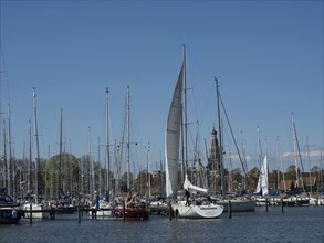 Sailboats in the marina with a church tower in the background under a clear sky, enkhuizen, the