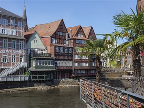 Idyllic view of half-timbered houses along a river, with a bridge and palm trees in the foreground,