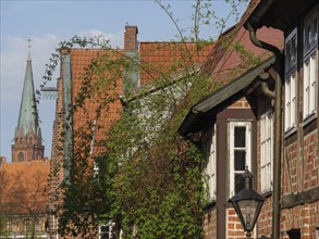 Alley with houses and red roofs, climbing plants, a lantern and a church tower in the background,