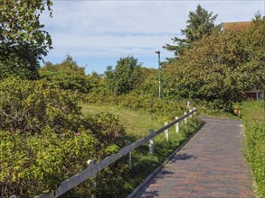 A brick path leads through a scenic area with hedges and trees under a blue sky, langeoog, germany