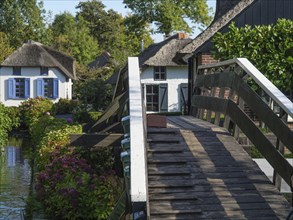 A wooden bridge over a canal, surrounded by manicured gardens and charming houses, giethoorn,