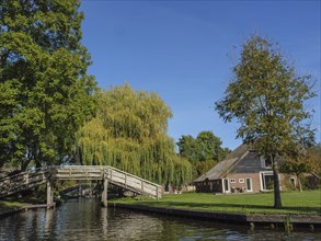 A charming wooden bridge over a canal with trees and a house in the background, Giethoorn,