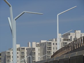 Modern architecture with steps and railings in front of high-rise buildings, scheveningen, the