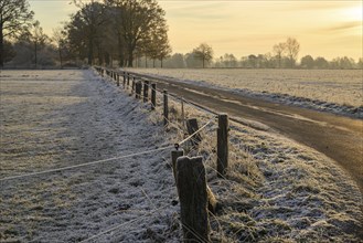 A snow-covered path, lined by a fence, stretches through a winter landscape at sunset, Velen, North