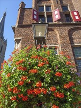 Flowering planter in front of a historic brick building with windows and a lantern, Doesburg,