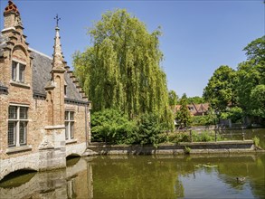 A historic house on the canal with willow trees in the background and reflections in the water,