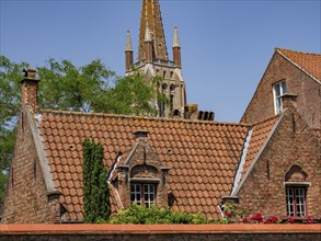 Roofs and a church tower rise behind historic brick buildings under a clear sky, Bruges, Belgium,