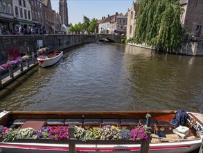 Boat on a river with historic buildings and a bridge in the background, decorated with colourful