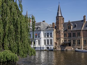 Historic buildings and trees along a canal in Bruges on a sunny day, Bruges, Belgium, Europe